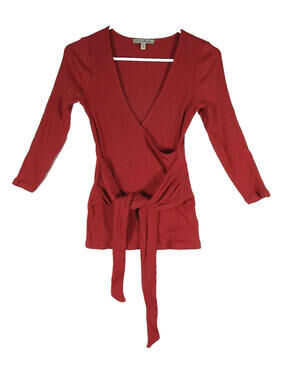 Express One Eleven Womens Ribbed Knit Wrap Top 3/4 Sleeve Tie-Waist Size S Red
